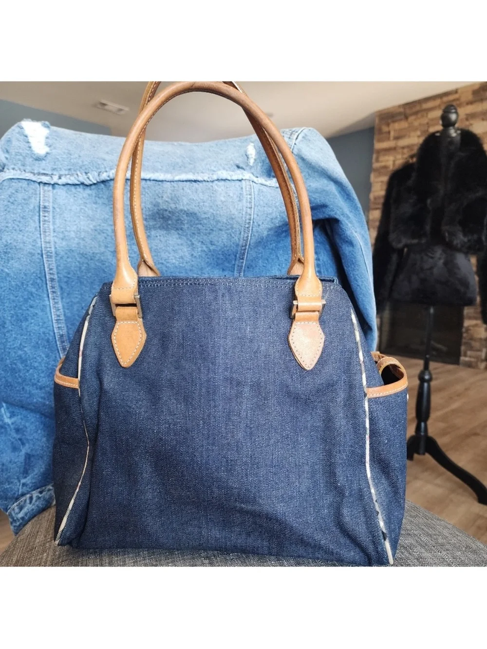 Burberry Denim Tote with Tan Leather Trim